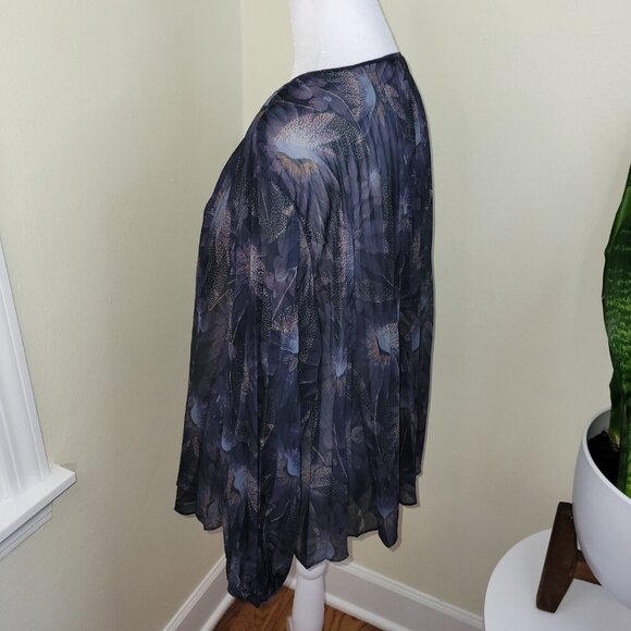 Vince Deco Blue Sheer Floral Pleated Blouse Top Women's S - Picture 4 of 13